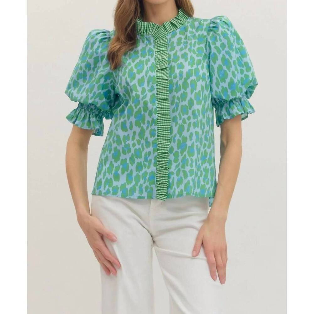 NEW ENTRO luca leopard blouse in green - Picture 1 of 10